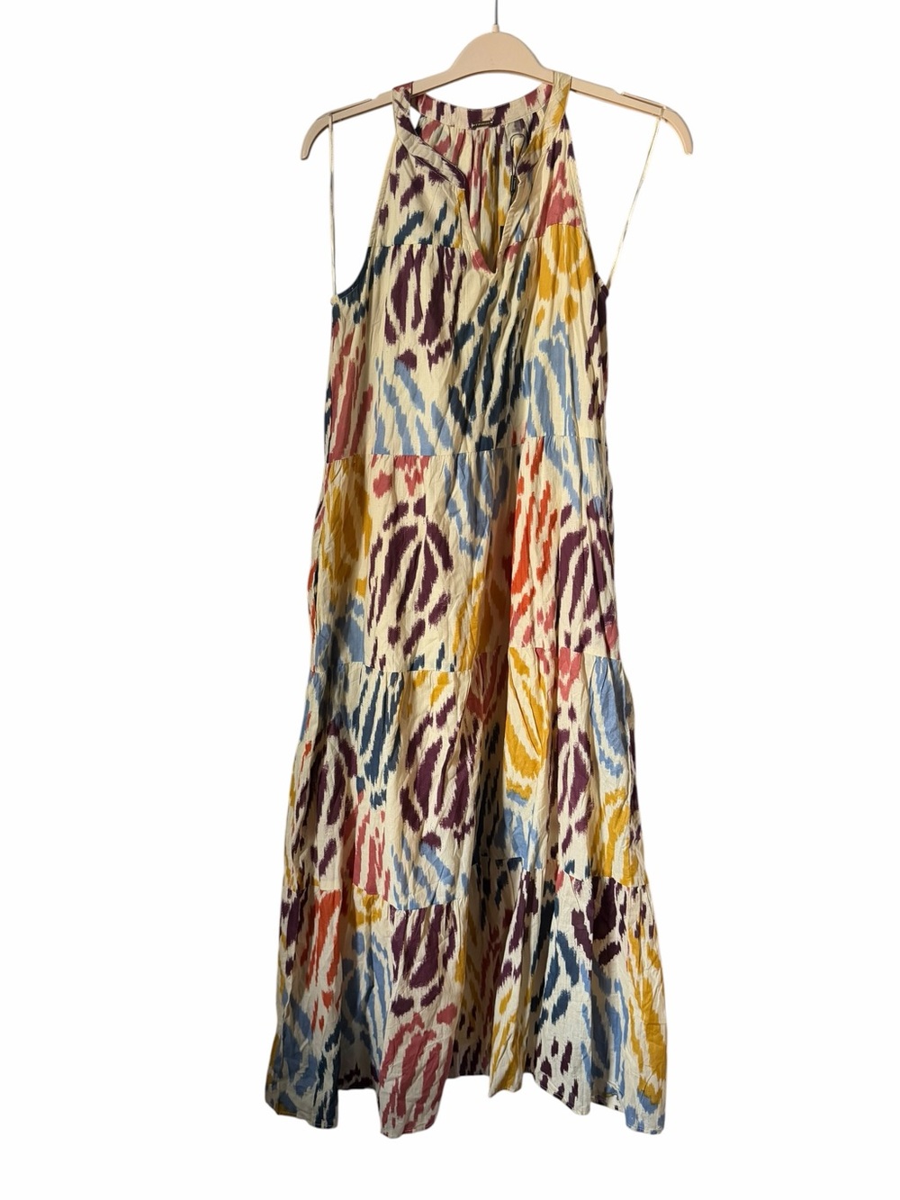 Tahari Sleeveless Multicolor Ikat Maxi Dress Cream 100% Cotton Flowy Summer NWT